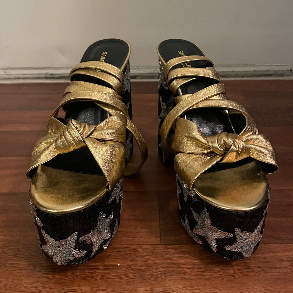 Saint Laurent Metallic Gold and Sequin  Paige Platform size 9.5
